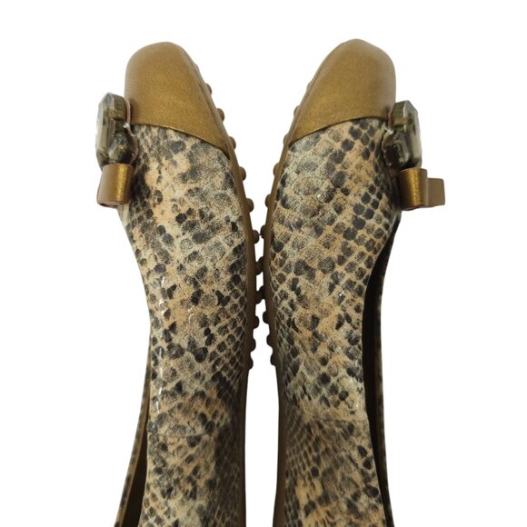 Libby Edelman Snakeskin Print Flats Women 8.5 M Golden Bronze Bow Toe Rhinestone - Picture 13 of 16